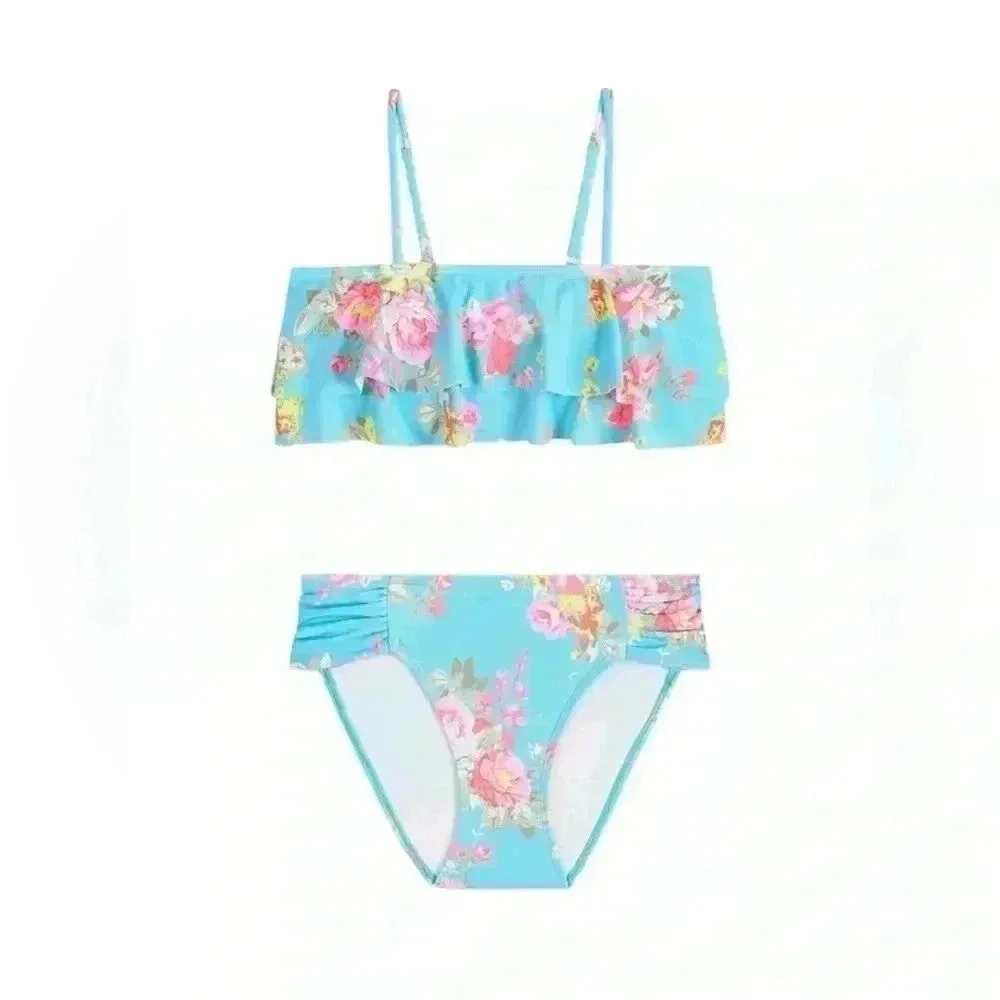 Seafolly Girls Paradise Garden Ruffle Bikini Blue Floral Size 14 NWT